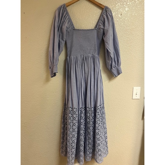 Free People Dresses & Skirts - Free People Perfect Storm Madi Dress Blue Smocked Eyelet Floral Puff Sleeve